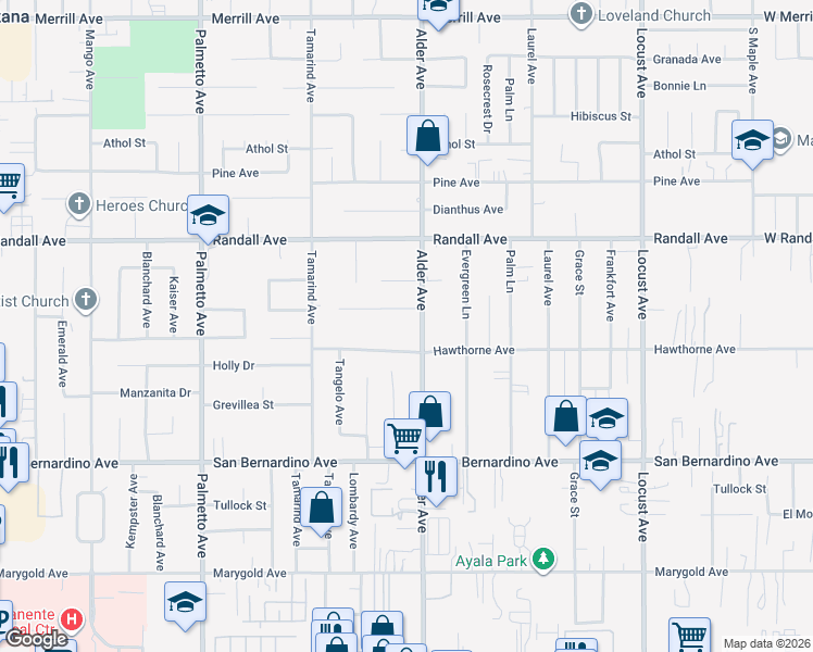 map of restaurants, bars, coffee shops, grocery stores, and more near 17690 Hawthorne Avenue in Fontana