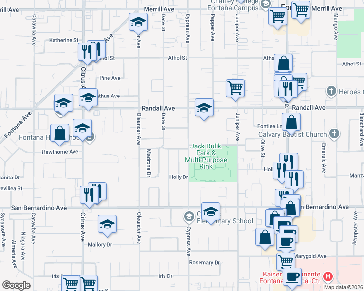 map of restaurants, bars, coffee shops, grocery stores, and more near 9488 Toyon Avenue in Fontana