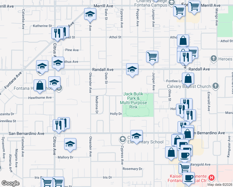 map of restaurants, bars, coffee shops, grocery stores, and more near 9488 Toyon Avenue in Fontana