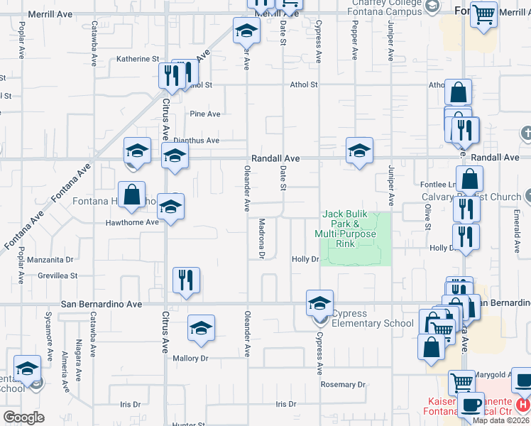 map of restaurants, bars, coffee shops, grocery stores, and more near 9485 Date Street in Fontana