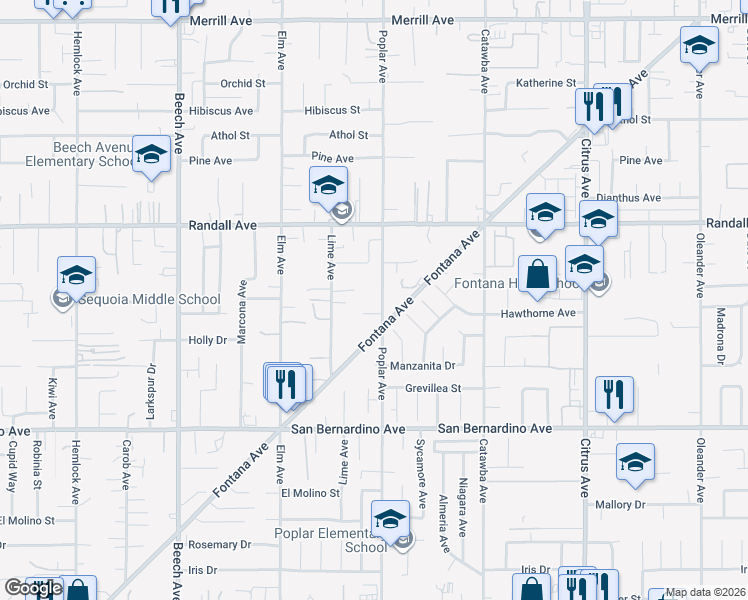 map of restaurants, bars, coffee shops, grocery stores, and more near 15655 Hawthorne Avenue in Fontana