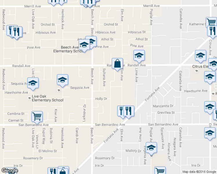 map of restaurants, bars, coffee shops, grocery stores, and more near 15375 Hawthorne Avenue in Fontana
