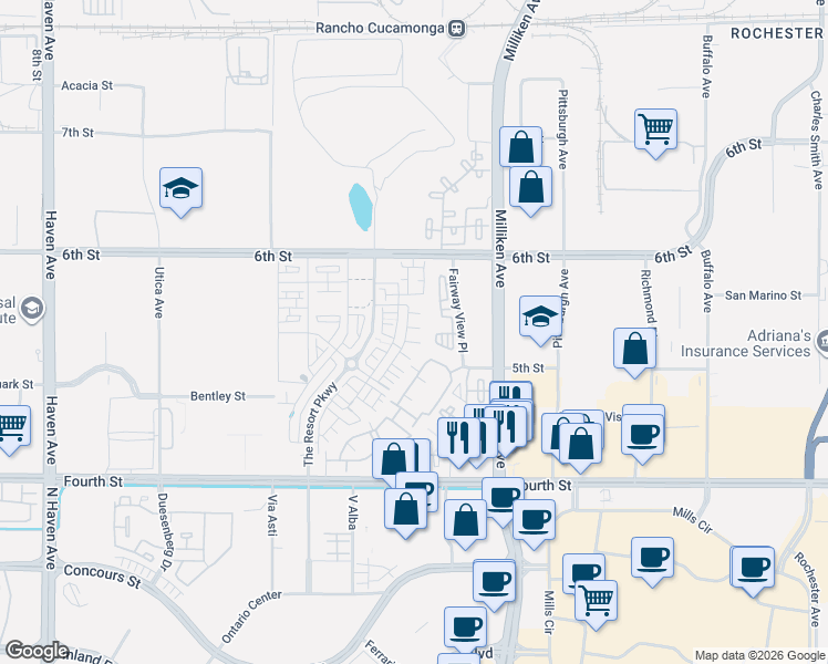 map of restaurants, bars, coffee shops, grocery stores, and more near 9400 Fairway View Place in Rancho Cucamonga