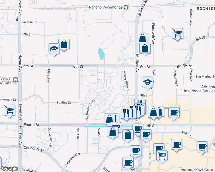 map of restaurants, bars, coffee shops, grocery stores, and more near 11004 Serenity Drive in Rancho Cucamonga