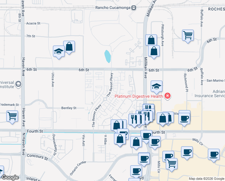 map of restaurants, bars, coffee shops, grocery stores, and more near 11004 Serenity Drive in Rancho Cucamonga