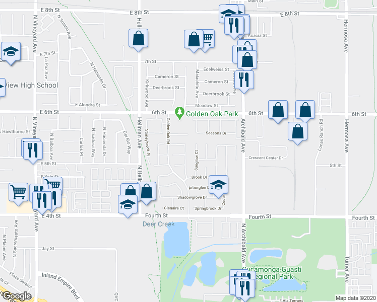 map of restaurants, bars, coffee shops, grocery stores, and more near 9473 Hearthside Court in Rancho Cucamonga