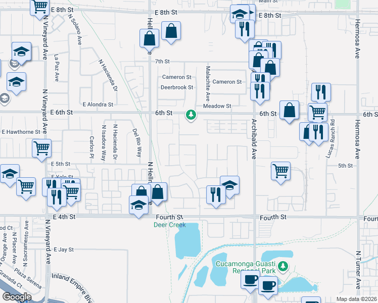 map of restaurants, bars, coffee shops, grocery stores, and more near 9473 Hearthside Court in Rancho Cucamonga