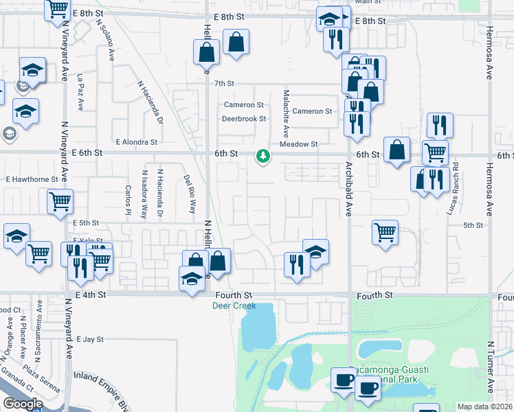 map of restaurants, bars, coffee shops, grocery stores, and more near 9473 Hearthside Court in Rancho Cucamonga