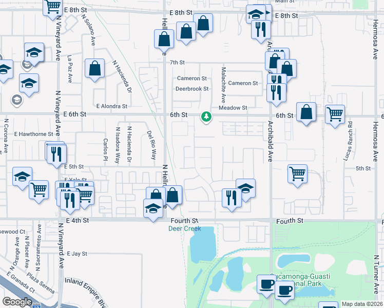 map of restaurants, bars, coffee shops, grocery stores, and more near 9397 Morning Breeze Drive in Rancho Cucamonga
