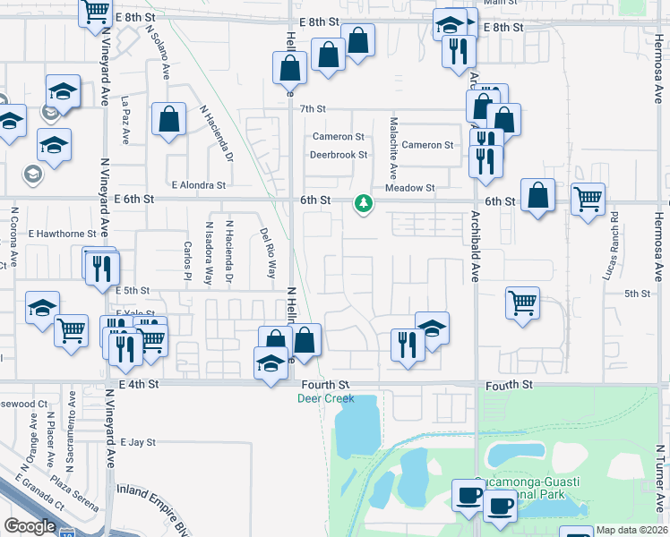 map of restaurants, bars, coffee shops, grocery stores, and more near 9397 Morning Breeze Drive in Rancho Cucamonga