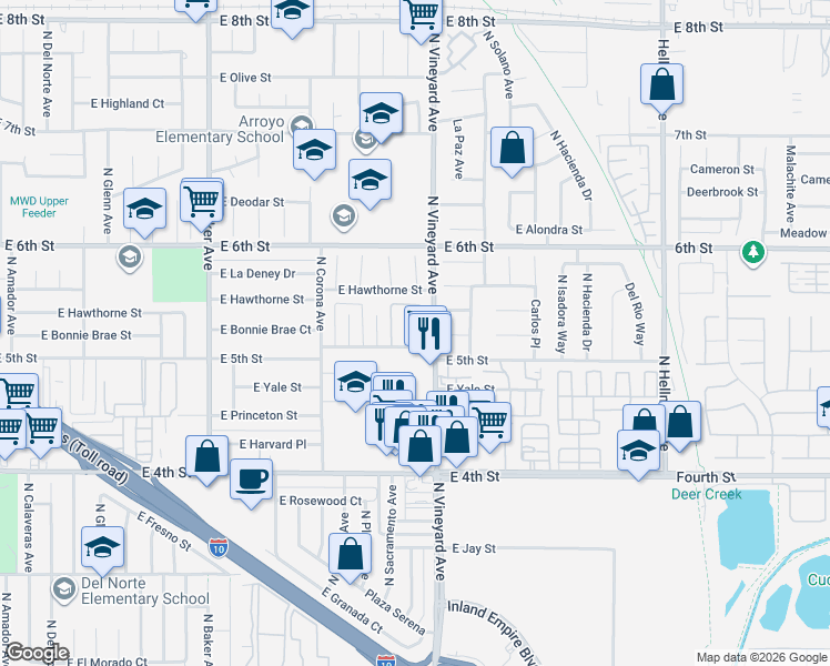 map of restaurants, bars, coffee shops, grocery stores, and more near 1862B East 5th Street in Ontario