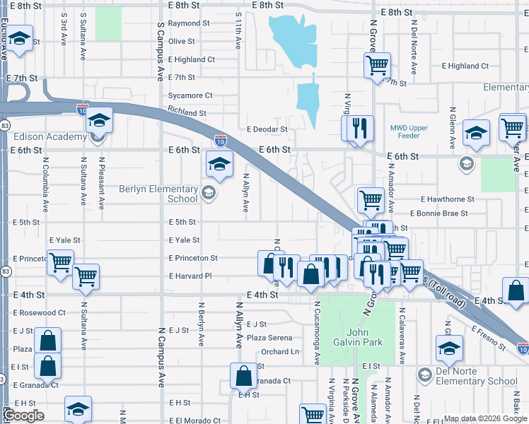 map of restaurants, bars, coffee shops, grocery stores, and more near 1255 North Council Avenue in Ontario