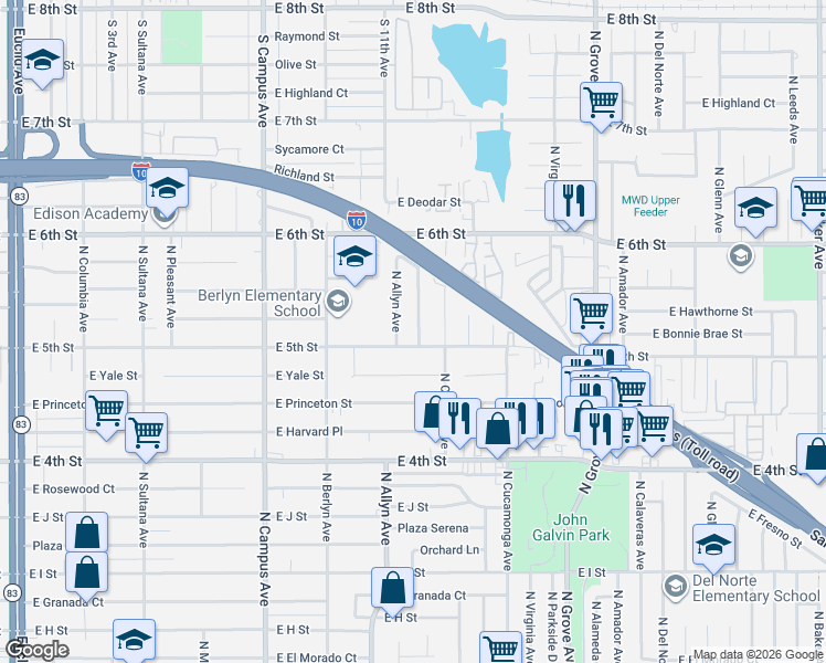 map of restaurants, bars, coffee shops, grocery stores, and more near 922 East 5th Street in Ontario