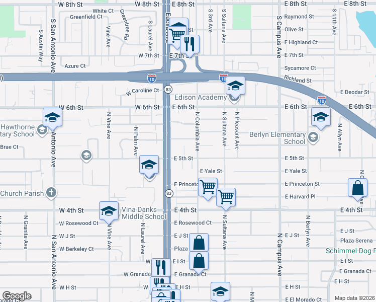 map of restaurants, bars, coffee shops, grocery stores, and more near 1254 North College Way in Ontario