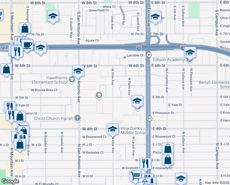 map of restaurants, bars, coffee shops, grocery stores, and more near 347 West 5th Street in Ontario