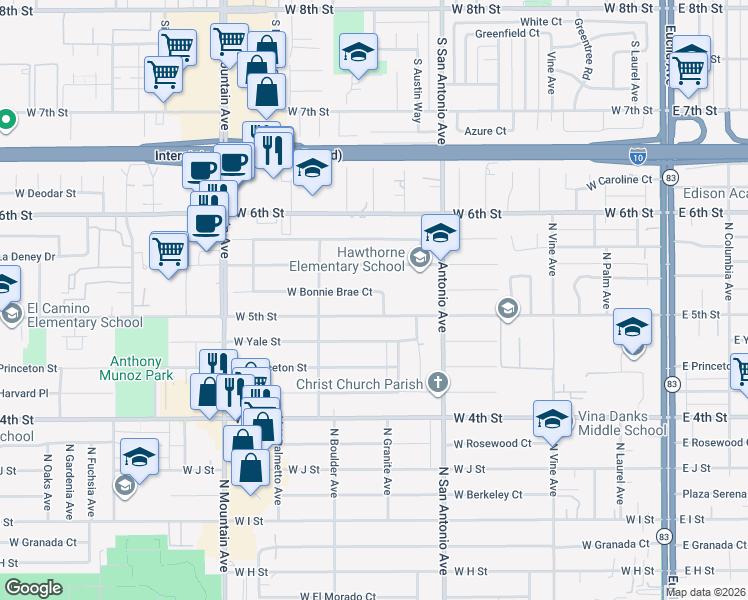 map of restaurants, bars, coffee shops, grocery stores, and more near 802 West Bonnie Brae Court in Ontario