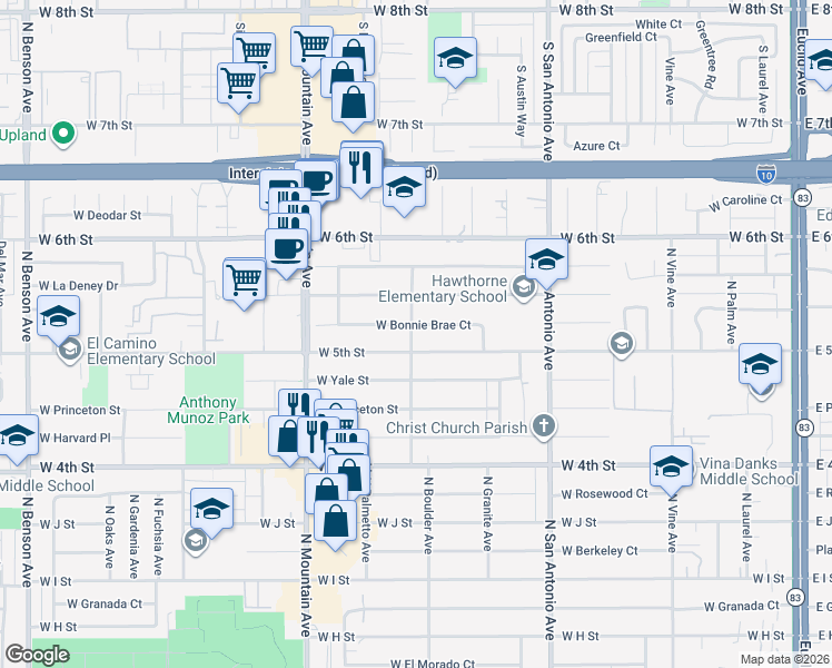 map of restaurants, bars, coffee shops, grocery stores, and more near 914 West 5th Street in Ontario