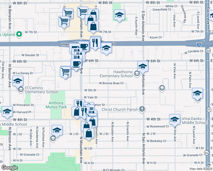 map of restaurants, bars, coffee shops, grocery stores, and more near 914 West 5th Street in Ontario