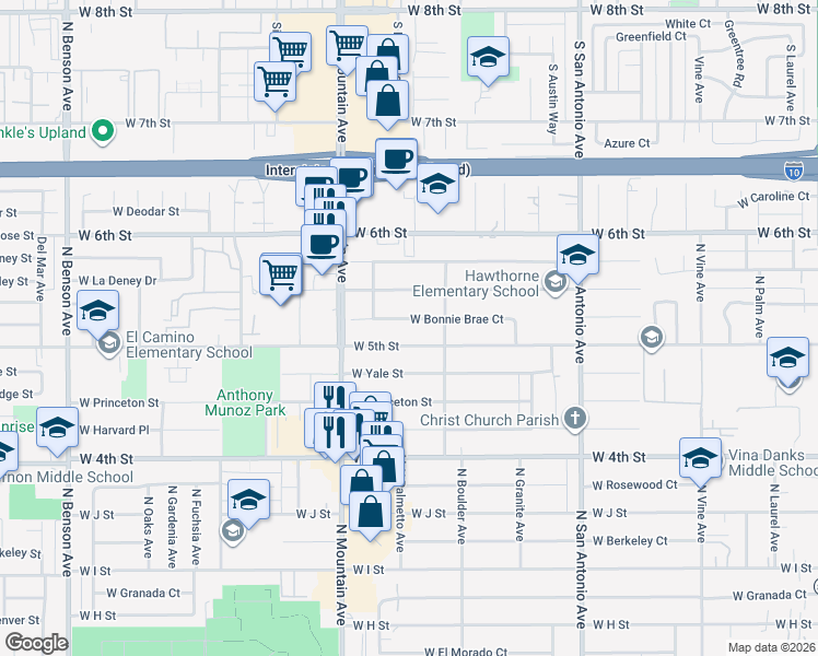 map of restaurants, bars, coffee shops, grocery stores, and more near 961-967 W 5th St in Ontario