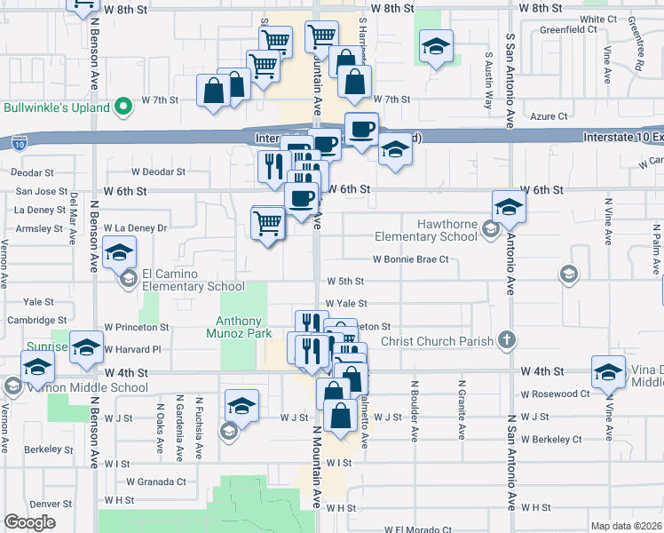 map of restaurants, bars, coffee shops, grocery stores, and more near 1044 West 5th Street in Ontario
