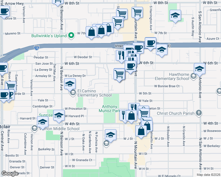 map of restaurants, bars, coffee shops, grocery stores, and more near 1232 West 5th Street in Ontario