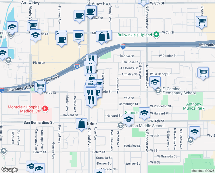 map of restaurants, bars, coffee shops, grocery stores, and more near 5414 Palo Verde Street in Montclair