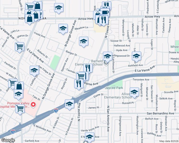 map of restaurants, bars, coffee shops, grocery stores, and more near 2137 Ramsey Way in Pomona