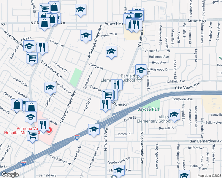 map of restaurants, bars, coffee shops, grocery stores, and more near 2130 Stocker Street in Pomona