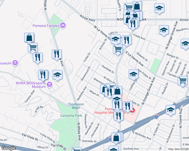 map of restaurants, bars, coffee shops, grocery stores, and more near 263 Sherwood Place in Pomona