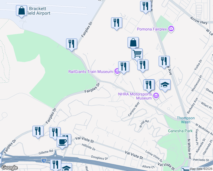 map of restaurants, bars, coffee shops, grocery stores, and more near 1926 Paseo La Paz in Pomona