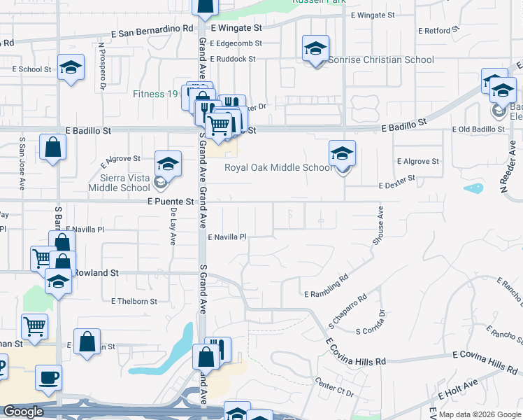 map of restaurants, bars, coffee shops, grocery stores, and more near 443 South Farber Avenue in Covina
