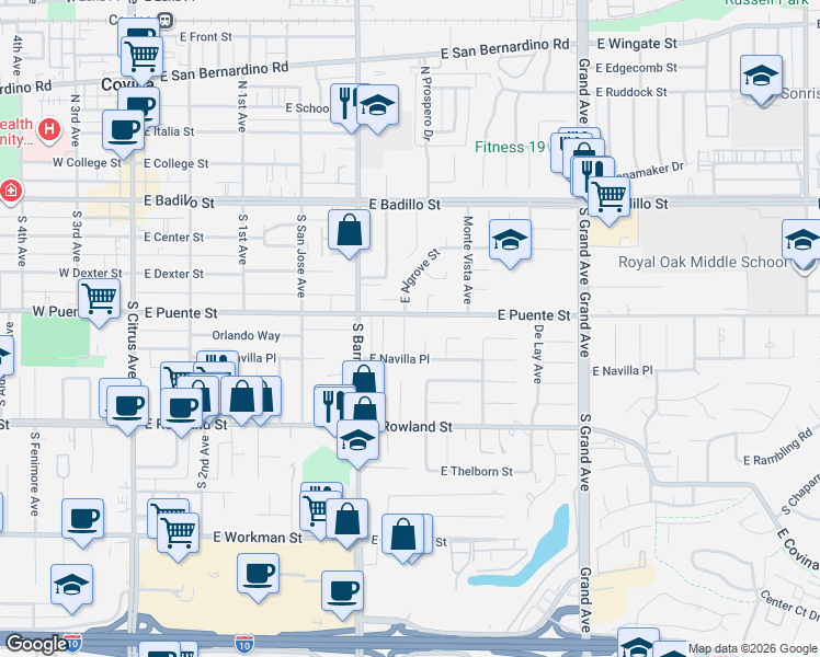 map of restaurants, bars, coffee shops, grocery stores, and more near 447 South Prospero Drive in Covina