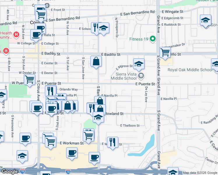 map of restaurants, bars, coffee shops, grocery stores, and more near 447 South Newton Street in Covina