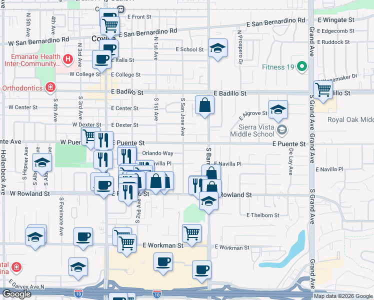 map of restaurants, bars, coffee shops, grocery stores, and more near 436 South San Jose Avenue in Covina