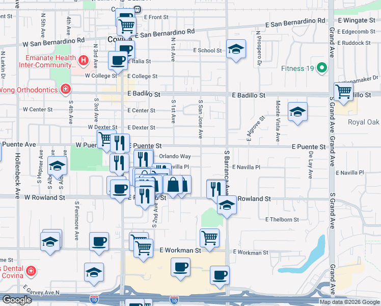 map of restaurants, bars, coffee shops, grocery stores, and more near 327 East Navilla Place in Covina