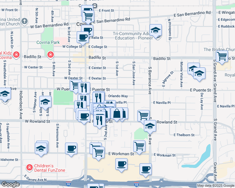 map of restaurants, bars, coffee shops, grocery stores, and more near 247 East Navilla Place in Covina