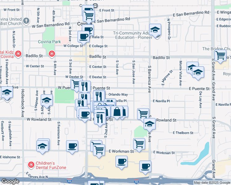 map of restaurants, bars, coffee shops, grocery stores, and more near 247 East Navilla Place in Covina
