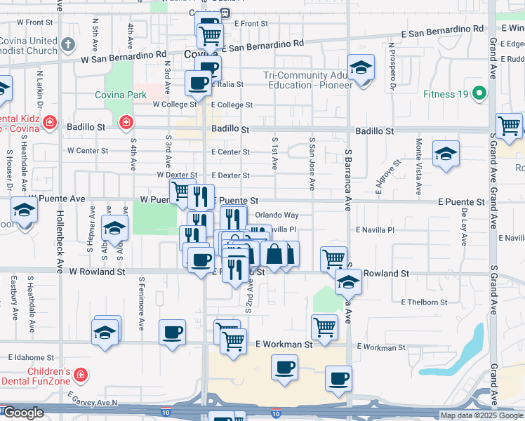 map of restaurants, bars, coffee shops, grocery stores, and more near 247 East Navilla Place in Covina