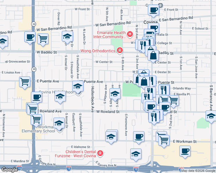 map of restaurants, bars, coffee shops, grocery stores, and more near 450 South Hepner Avenue in Covina
