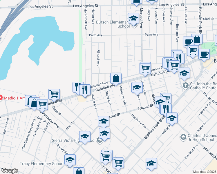 map of restaurants, bars, coffee shops, grocery stores, and more near 13508 Ramona Boulevard in Baldwin Park