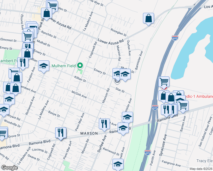 map of restaurants, bars, coffee shops, grocery stores, and more near in El Monte