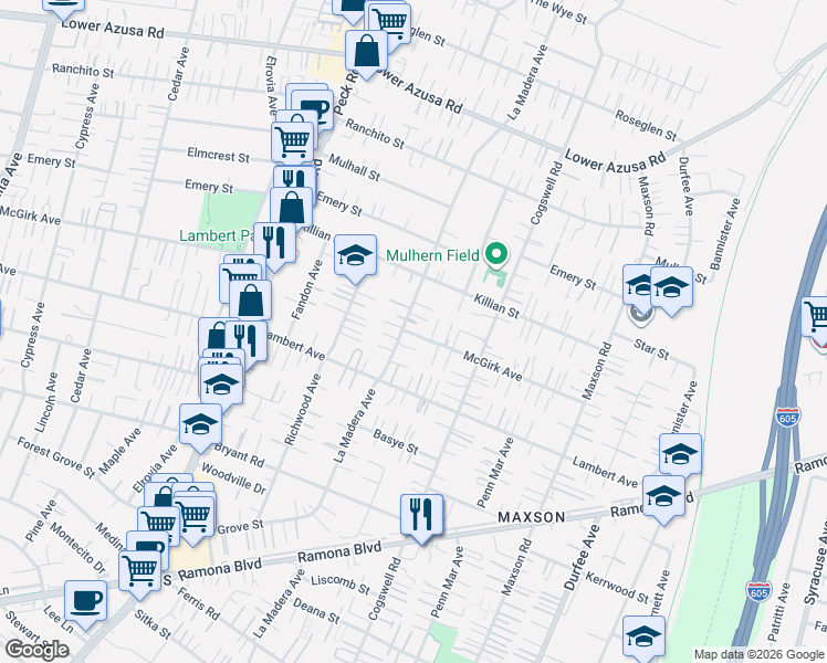 map of restaurants, bars, coffee shops, grocery stores, and more near 4348 La Madera Avenue in El Monte