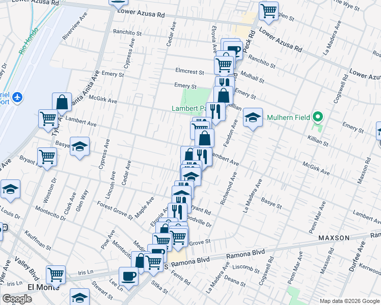 map of restaurants, bars, coffee shops, grocery stores, and more near 11500 Lambert Avenue in El Monte