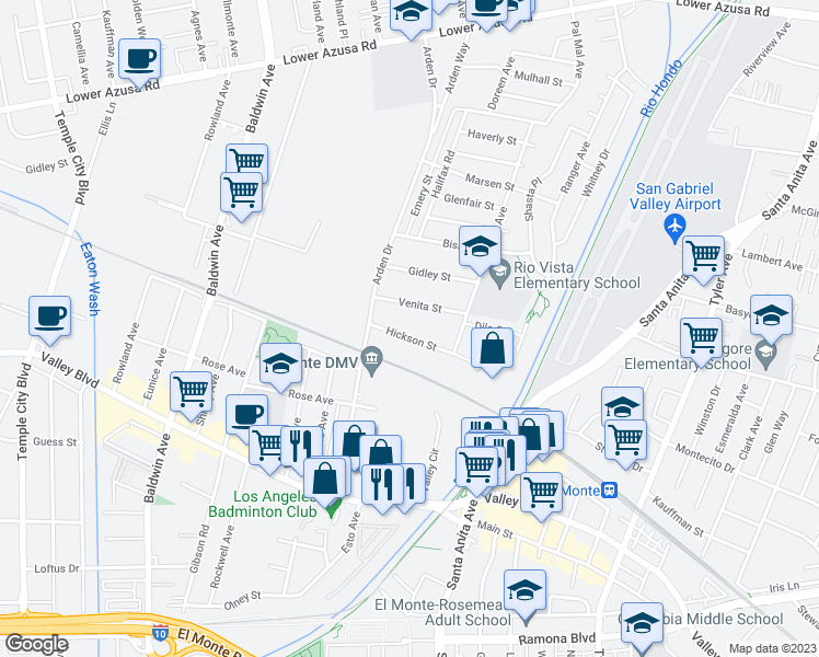 map of restaurants, bars, coffee shops, grocery stores, and more near 10433 Hickson Street in El Monte