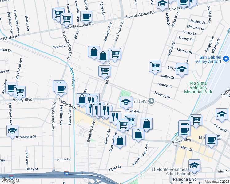 map of restaurants, bars, coffee shops, grocery stores, and more near 4120 Shirley Avenue in El Monte