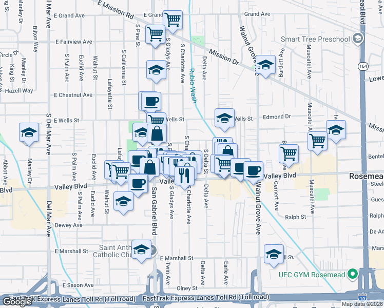 map of restaurants, bars, coffee shops, grocery stores, and more near 1512 South Charlotte Avenue in San Gabriel