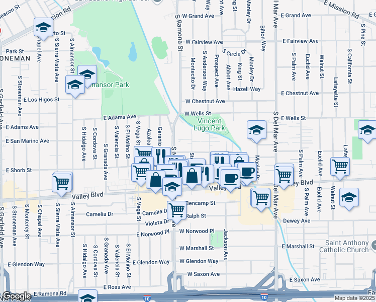 map of restaurants, bars, coffee shops, grocery stores, and more near 1509 Stevens Avenue in San Gabriel