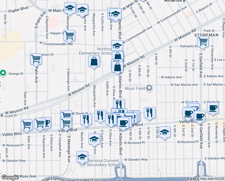 map of restaurants, bars, coffee shops, grocery stores, and more near 931 South Olive Avenue in Alhambra