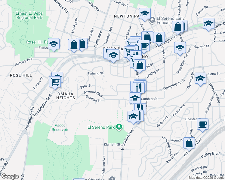 map of restaurants, bars, coffee shops, grocery stores, and more near 4713 1/2 Butterfly Lane in Los Angeles