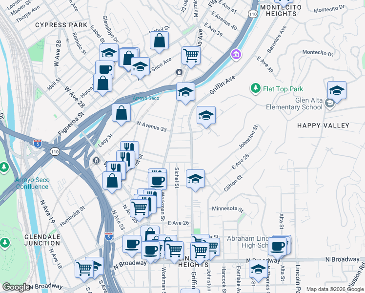 map of restaurants, bars, coffee shops, grocery stores, and more near in Los Angeles